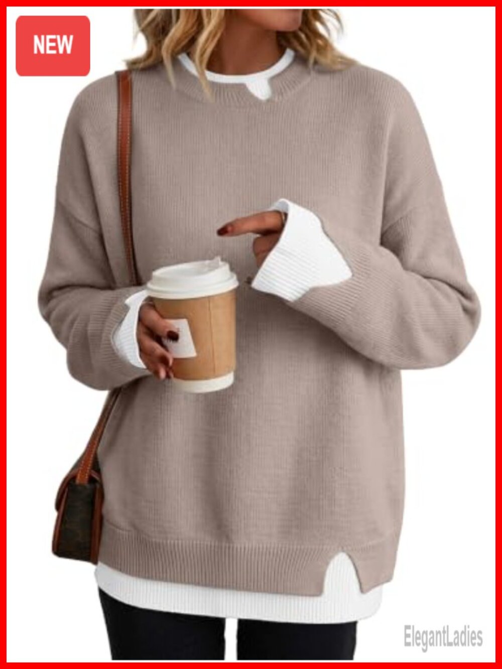 Oversized Patchwork Sweater Crew Neck Slit Cuff Pullover Fall Winter